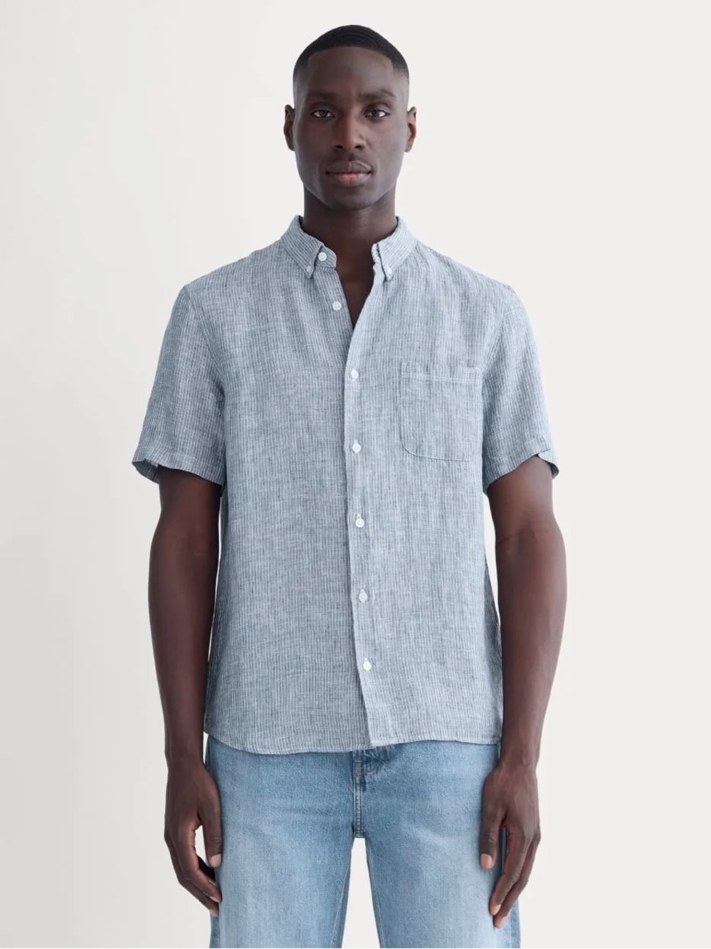 Everlane Classic Short-sleeve Shirt in Chambray Blue White Pinstripe